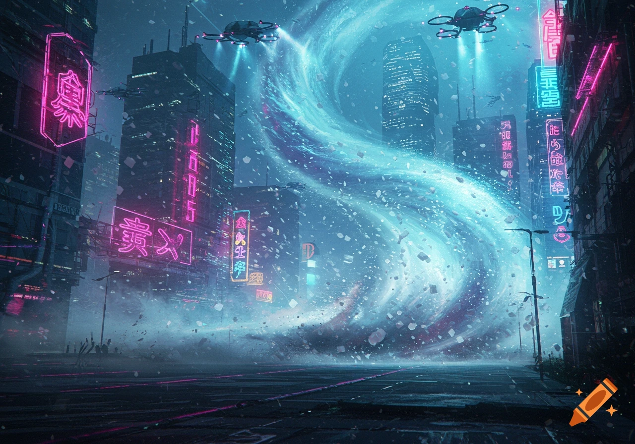 A cyberpunk city at night with neon signs and flying drones, centered around a large swirling blue and purple vortex of debris.