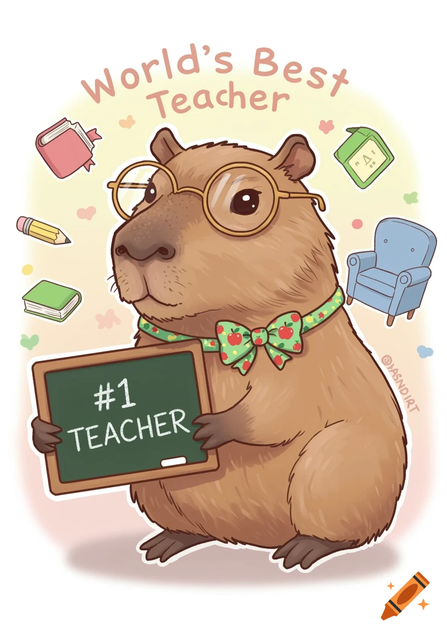 A cute cartoon capybara wearing glasses and a bow tie, holding a chalkboard that says #1 TEACHER. Text above reads "World's Best Teacher."