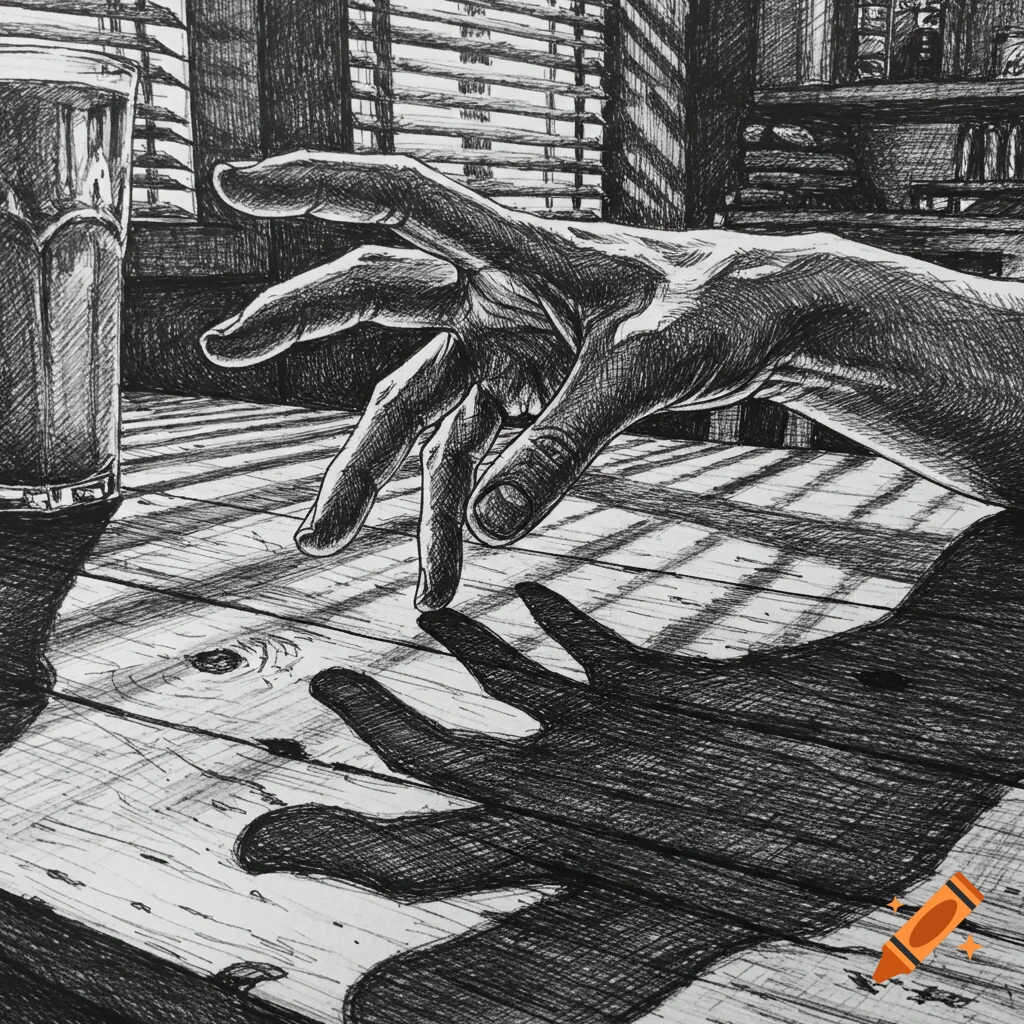 Detailed pen drawing of a hand reaching to tap a sunlit wooden table next to a glass.