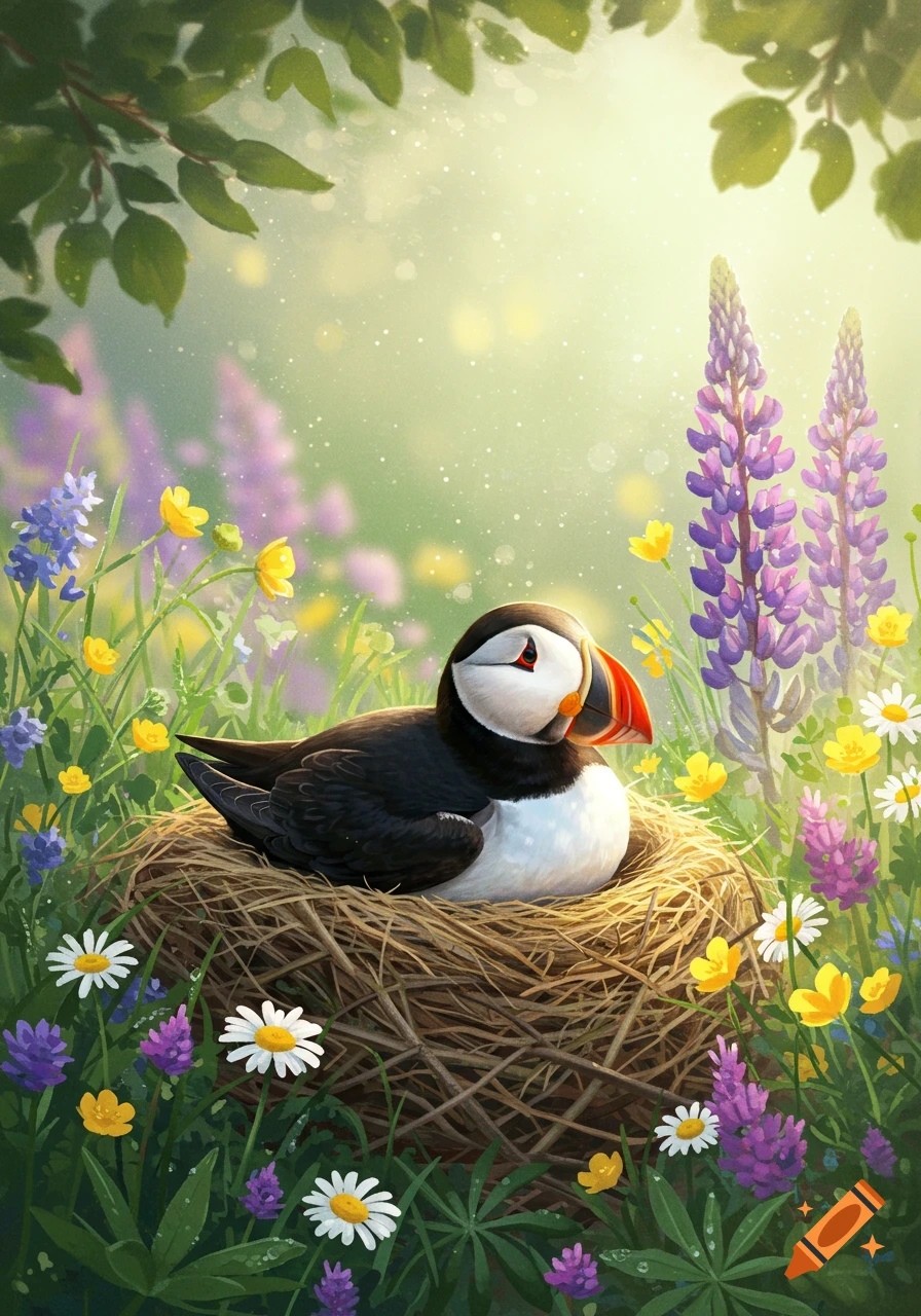A puffin sits in a nest surrounded by colorful wildflowers and green leaves in a bright, painterly style.