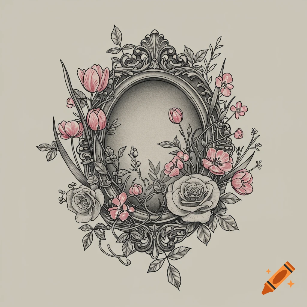 An ornate oval frame surrounded by a lush arrangement of pink tulips, gray roses, and vines, in a black-and-gray illustration style.