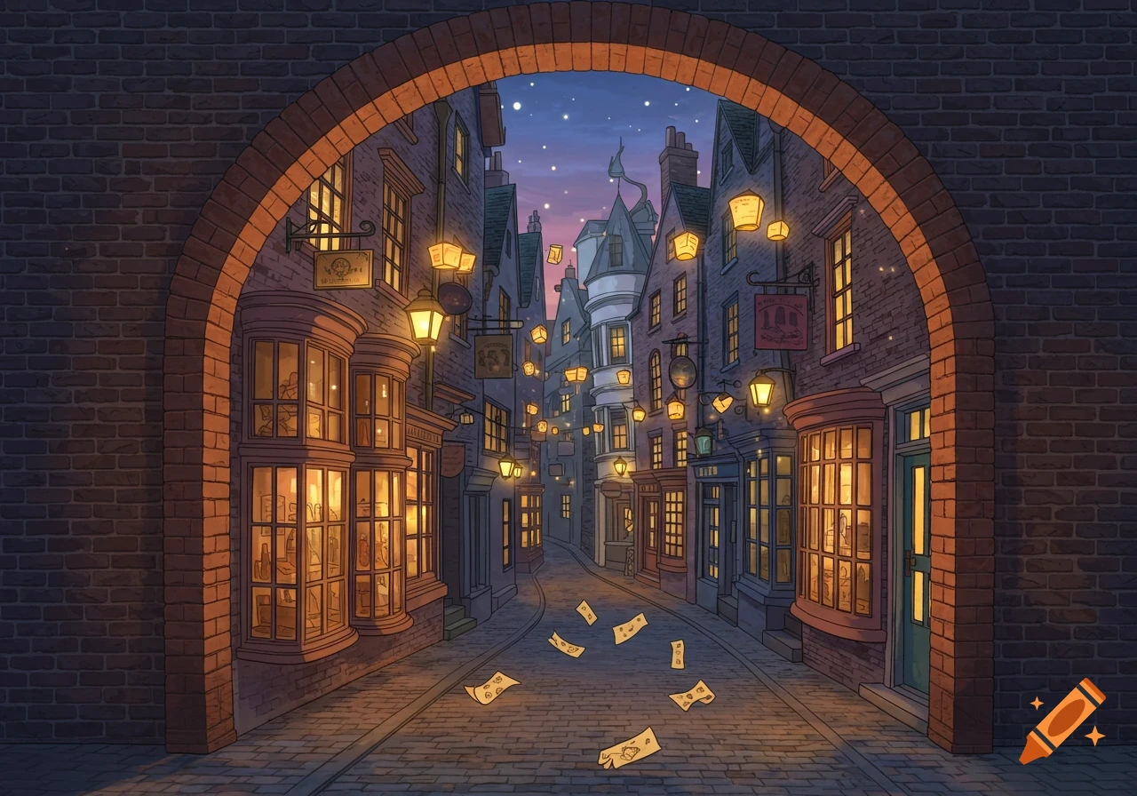 A stylized illustration of a magical street at night, seen through a brick archway. Lanterns glow on crooked buildings under a starry sky, with papers floating on the cobblestone street.