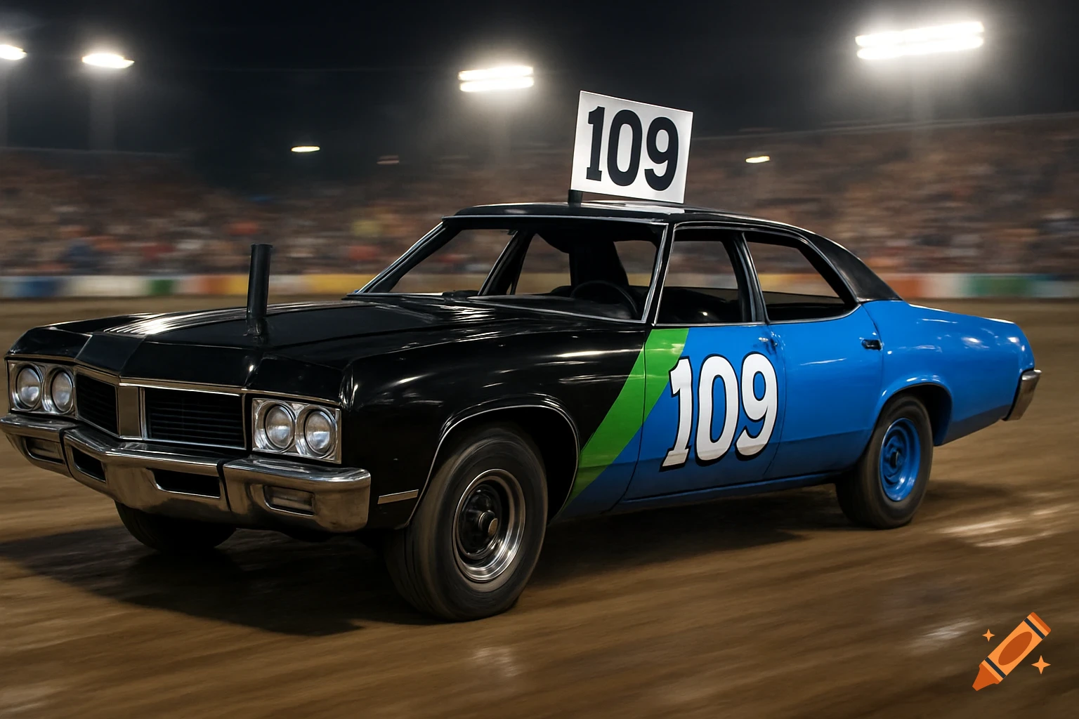 A black and blue demolition derby car with a green stripe and the number 109 on its side and roof, races on a dirt track at night.