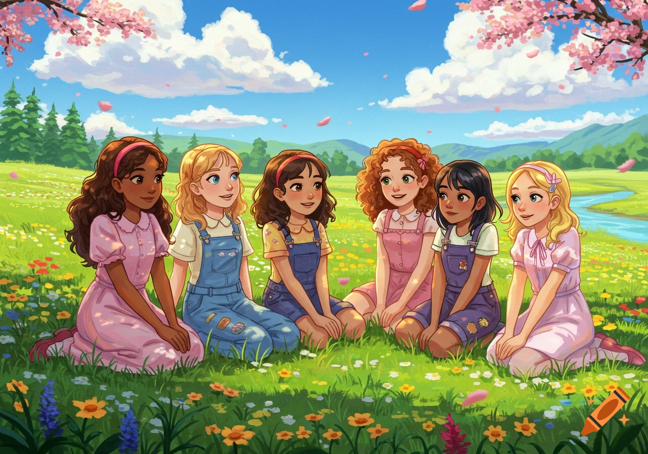 Six diverse girls sit in a circle in a vibrant cartoon meadow filled with flowers under a blue sky, with cherry blossoms and a river in the background.