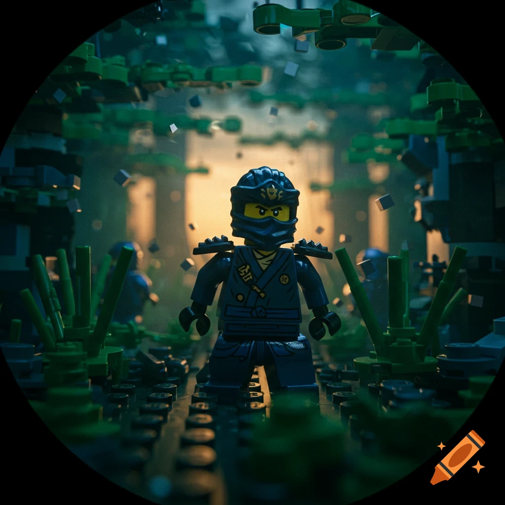A blue Lego Ninjago character stands in a dark, lush forest with square debris floating around, seen through a circular vignette.