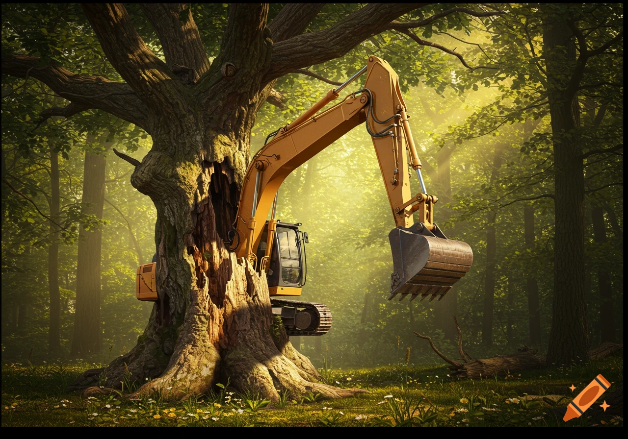 A photorealistic image of an orange excavator emerging from a large, gnarled tree in a sunlit forest.