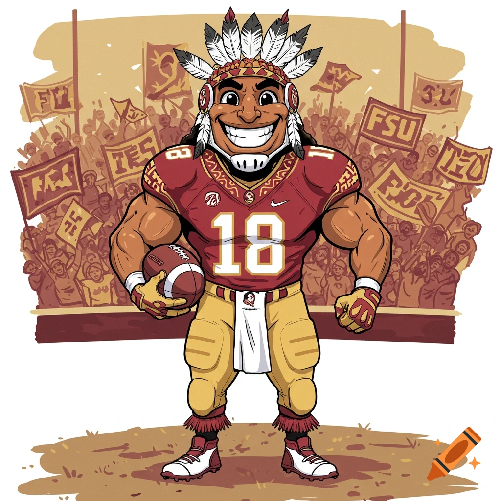 A cartoon depiction of a FSU Seminole football player, wearing a red and gold uniform with number 18 and a feathered headdress, holding a football and smiling broadly in a stadium filled with cheering fans and flags.
