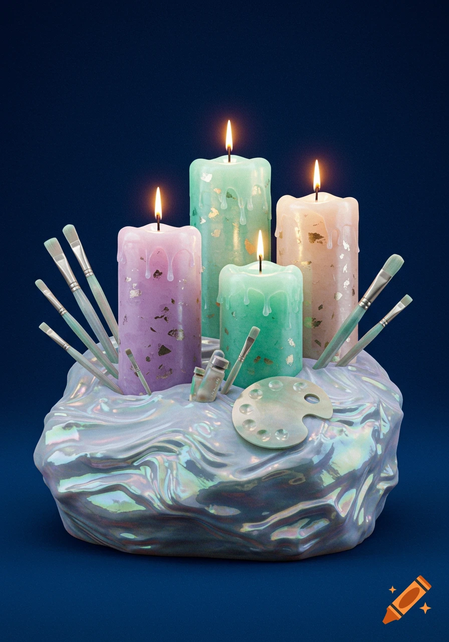 Four lit pastel candles with gold flakes and paintbrushes arranged on an iridescent, pearl-like base against a dark blue background.
