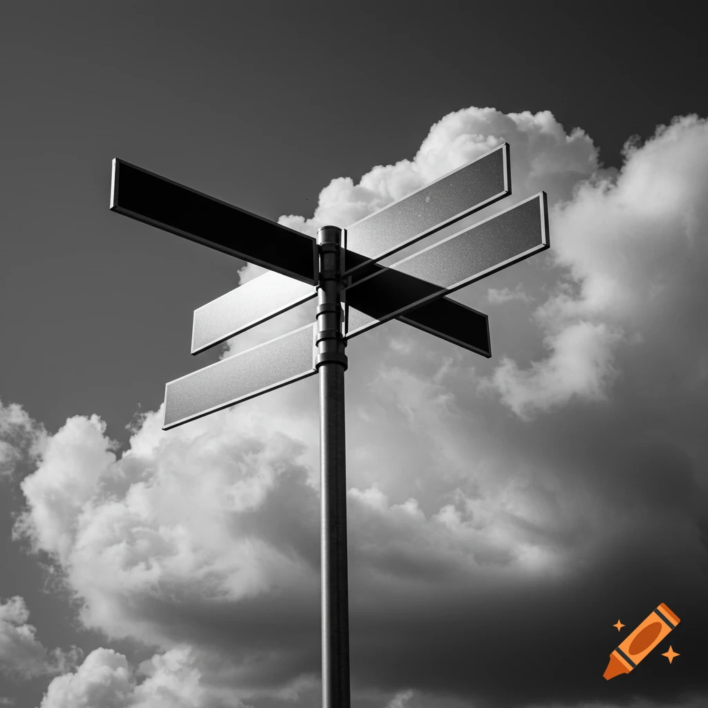 Black and white photorealistic image of blank street signs on a pole against a cloudy sky.