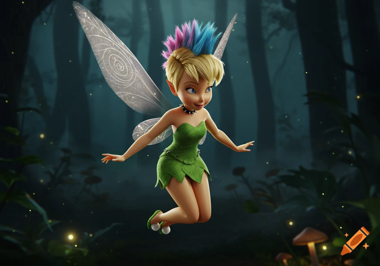 A punk-rock Tinker Bell with a pink and blue mohawk floats in a magical, dark forest with glowing elements.