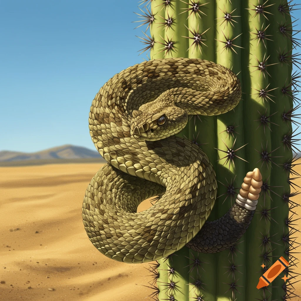 A detailed illustration of a coiled rattlesnake resting on a saguaro cactus in a sunny desert landscape.