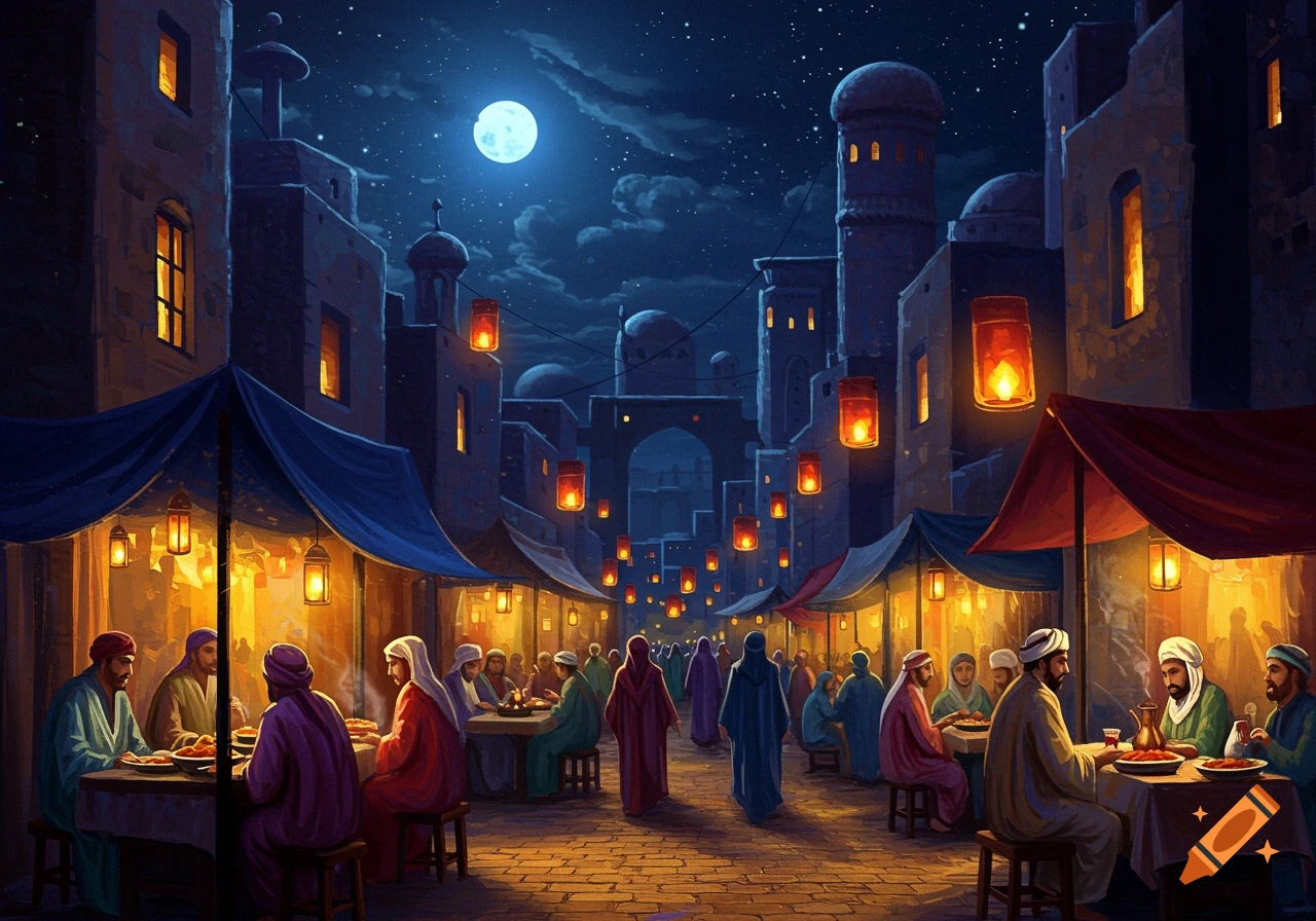A lively night market in a Middle Eastern-style city under a full moon, with people eating at tables and glowing lanterns illuminating the street.