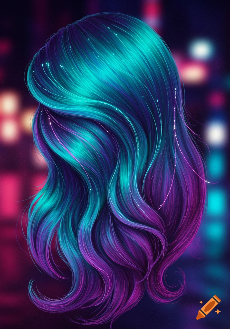 Vibrant, flowing hair in shades of teal, blue, purple, and magenta with glowing strands against a blurred background of city lights.