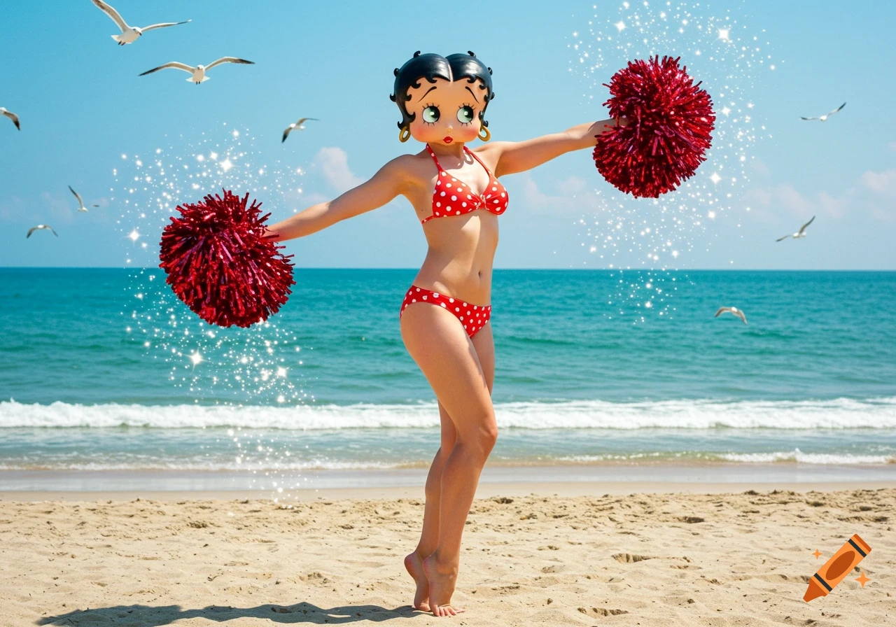 Photorealistic image of a person wearing a Betty Boop mask and red polka dot bikini, holding red pom-poms on a sunny beach.
