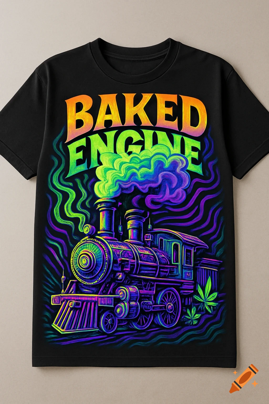 A black t-shirt with a neon psychedelic design featuring the words "BAKED ENGINE" above a train emitting colorful smoke, with cannabis leaves near the bottom.