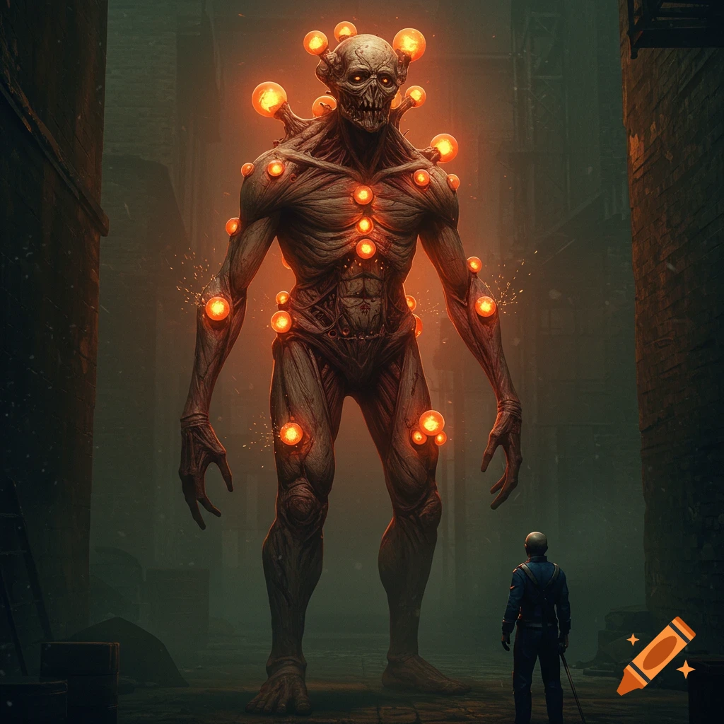 A massive, grotesque creature with glowing orange bulbs on its body stands in a dark, grimy alley facing a small human.