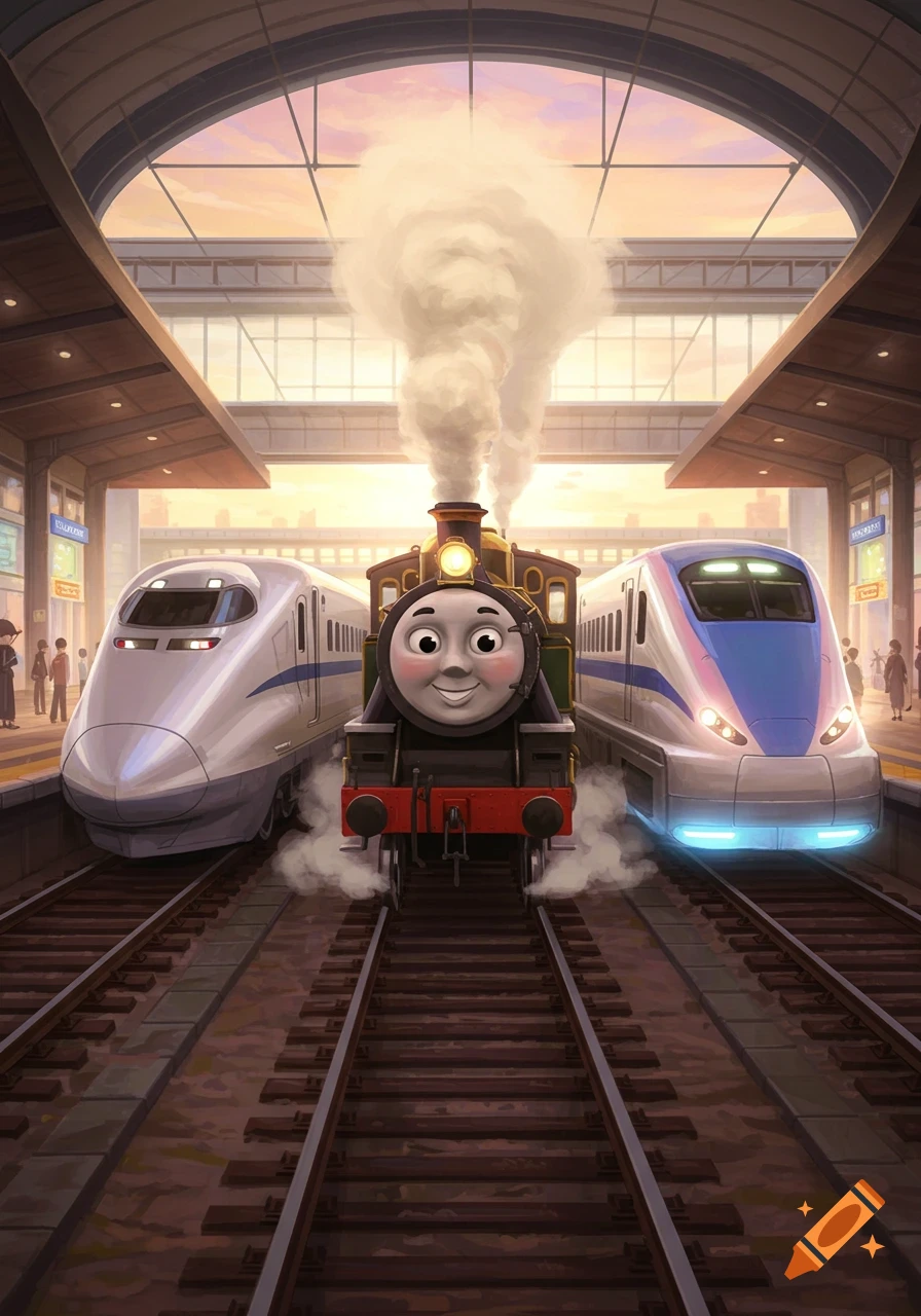 A cheerful cartoon steam train stands between two sleek modern bullet trains at a bustling station platform during sunset.
