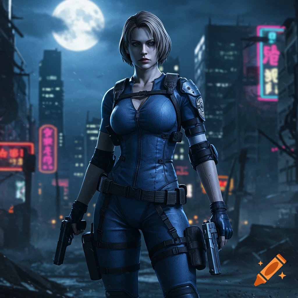 A photorealistic depiction of Jill Valentine in her blue uniform, holding two pistols, standing in a futuristic city at night under a full moon.
