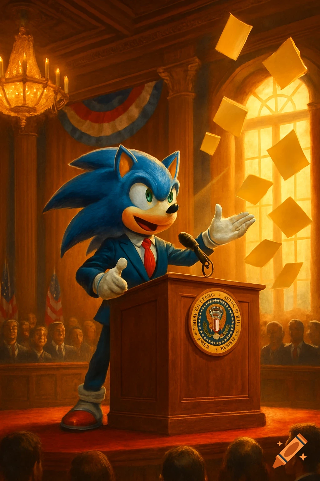 Sonic the Hedgehog, dressed in a suit, speaks at a presidential podium in a grand hall with papers flying.