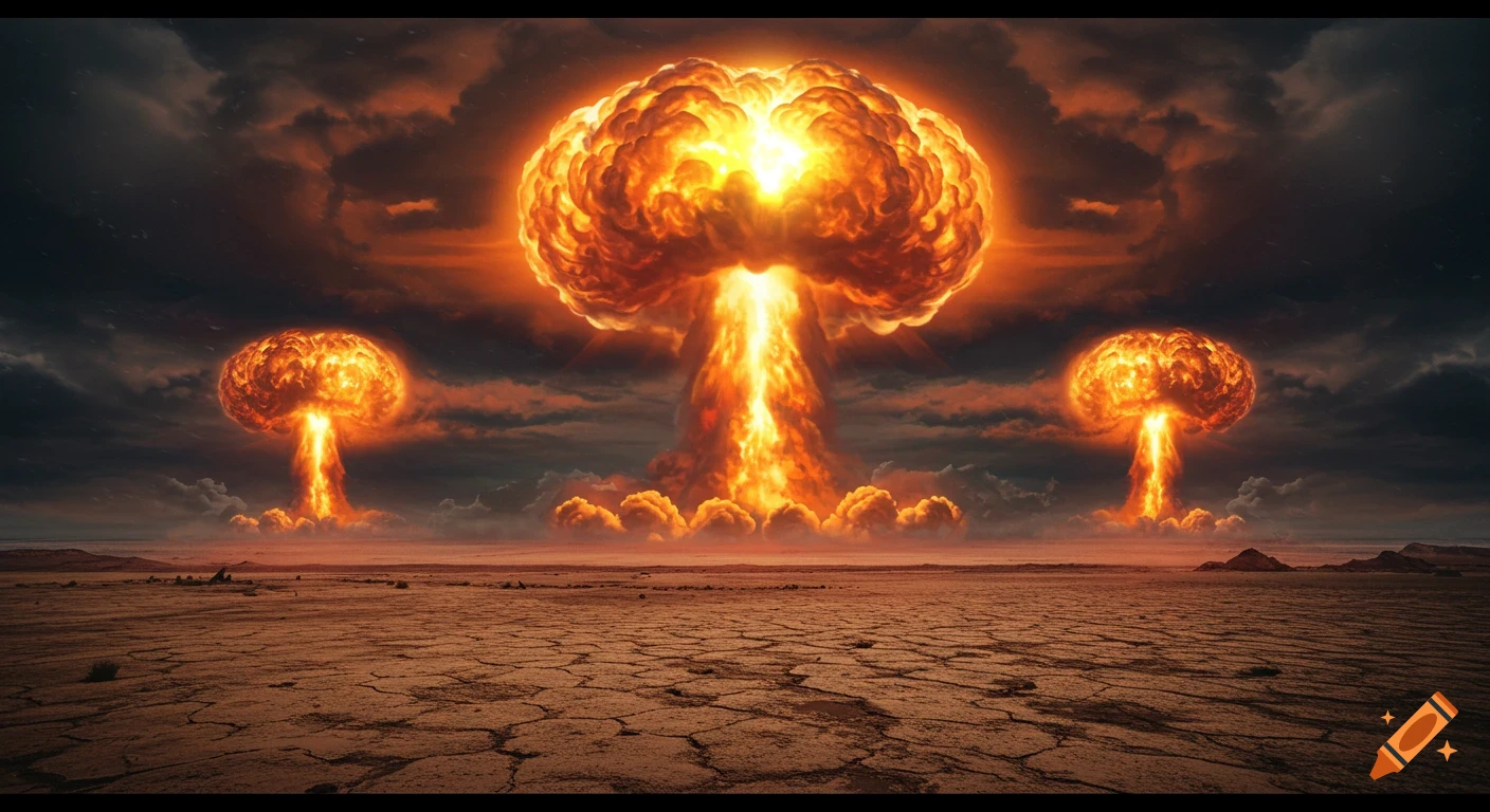 Three fiery nuclear mushroom clouds rise from a cracked desert landscape under a dark, stormy sky, depicting an apocalyptic scene.