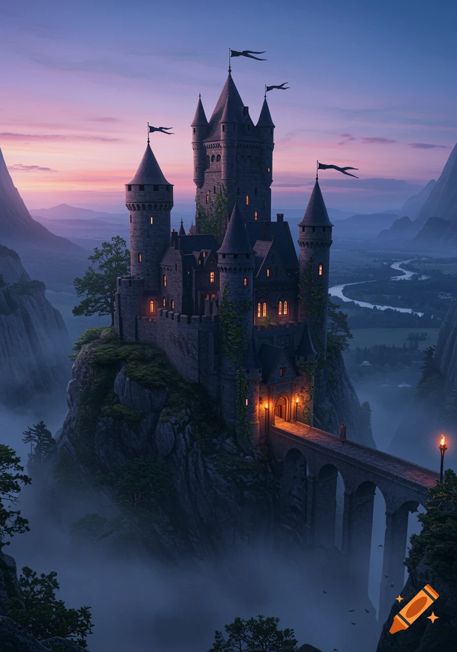 A majestic castle sits atop a rocky cliff amidst a misty mountain landscape at dusk, with a long bridge leading to its entrance.