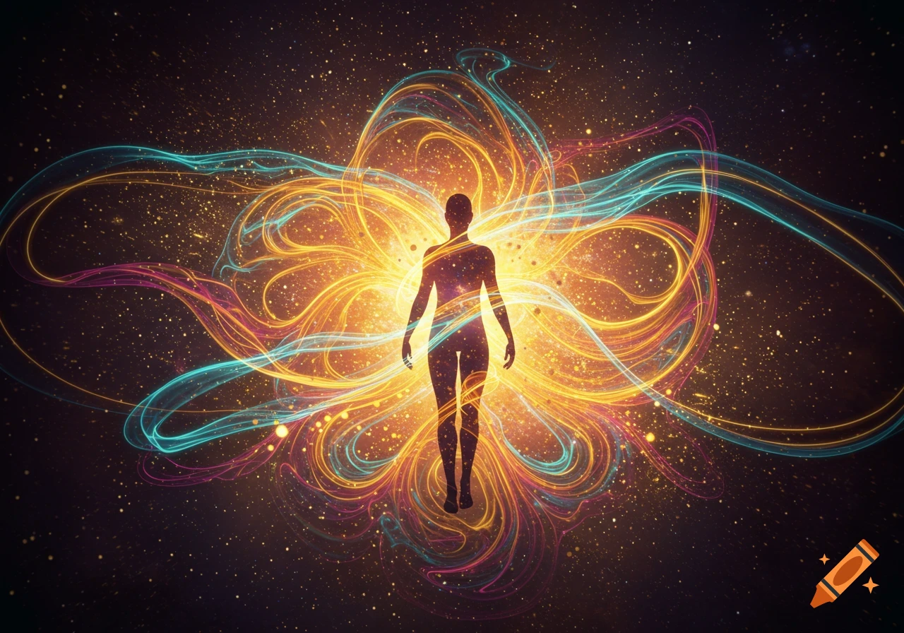 A silhouette of a human figure stands amidst a vibrant burst of orange, pink, and blue light trails and glowing particles in a dark, cosmic space.