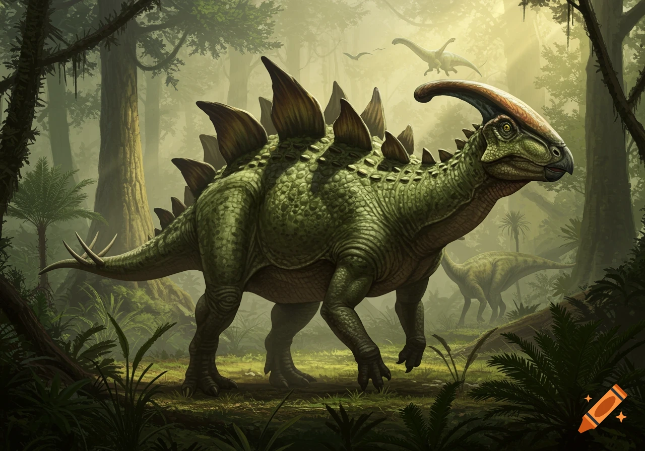 A green hybrid dinosaur, part Stegosaurus and part Parasaurolophus, stands in a lush, misty prehistoric jungle.