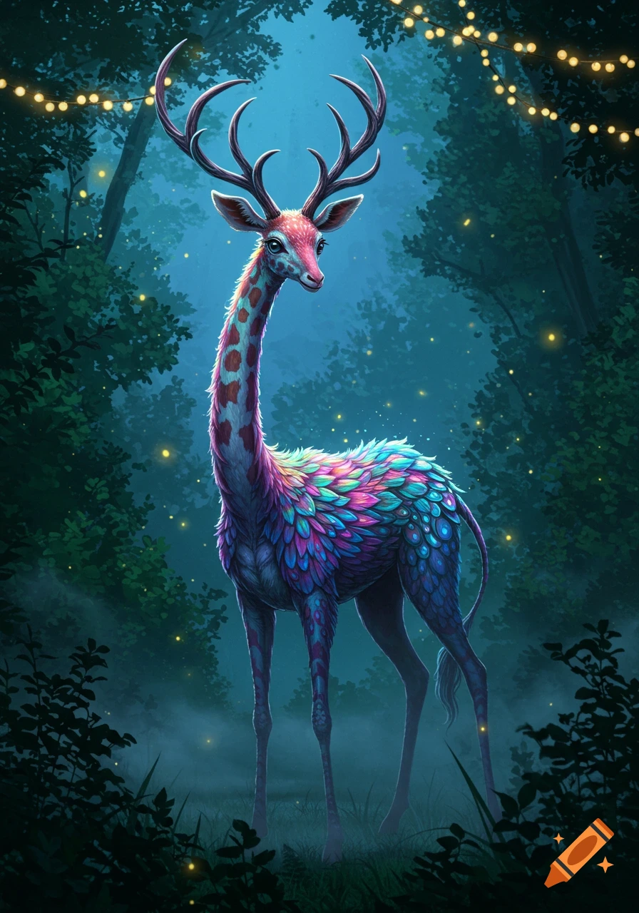A vibrant, feathered deer-giraffe hybrid with antlers stands in a mystical dark forest with glowing string lights.