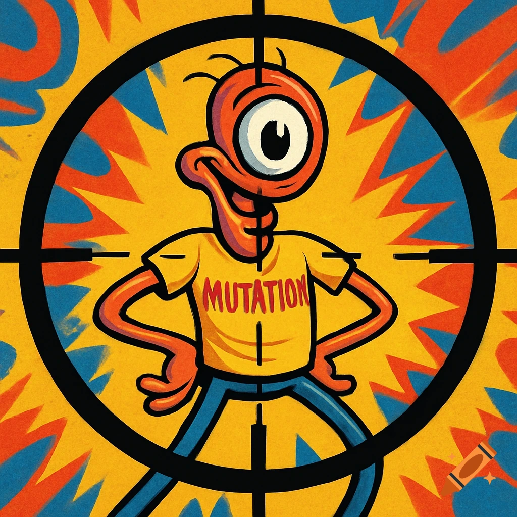 A cartoon orange mutant with one eye, wearing a 'MUTATION' t-shirt, centered in a sniper scope graphic with a yellow, orange, and blue background.