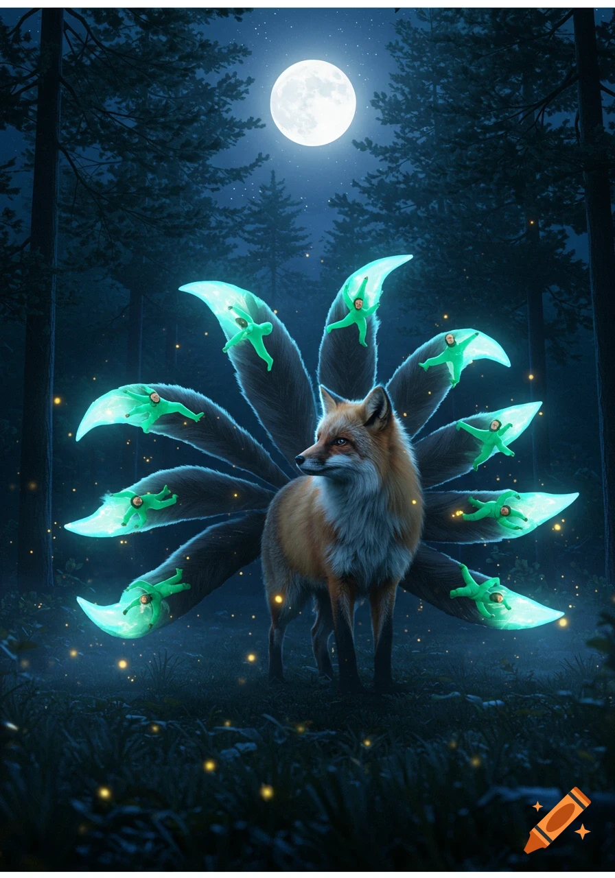 A surreal image of a nine-tailed kitsune with glowing green inflatable tube men as its tails, standing in a dark forest under a full moon.
