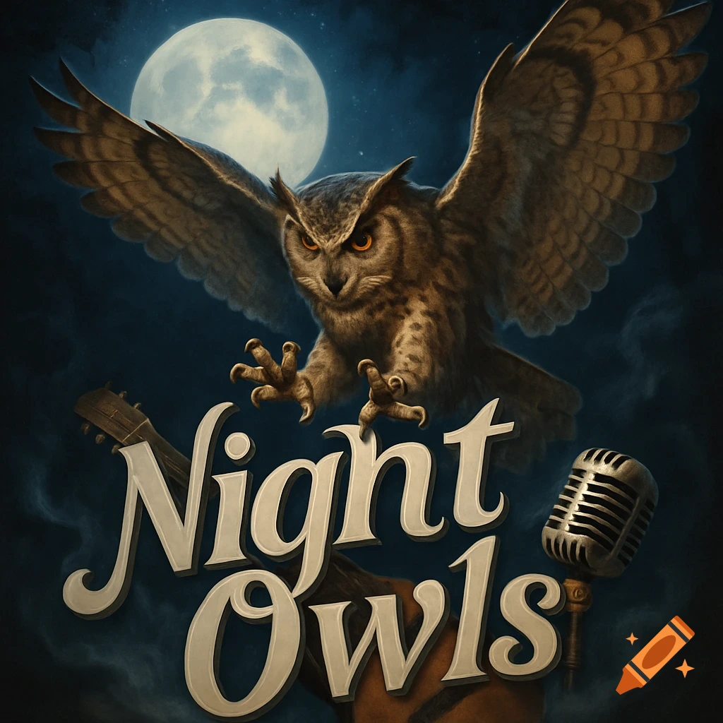 An aggressive-looking owl with outstretched claws flies in front of a full moon. Below it are the words "Night Owls", an acoustic guitar, and a vintage microphone.