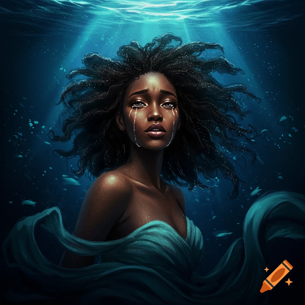 A dark-skinned woman with tears like glass or diamonds floats in deep blue water with rays of light from above.
