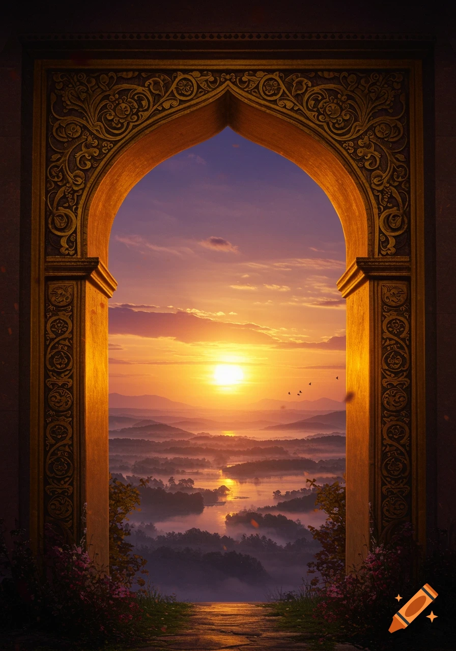 An ornate golden archway frames a stunning sunset over a misty mountain landscape with a winding river.