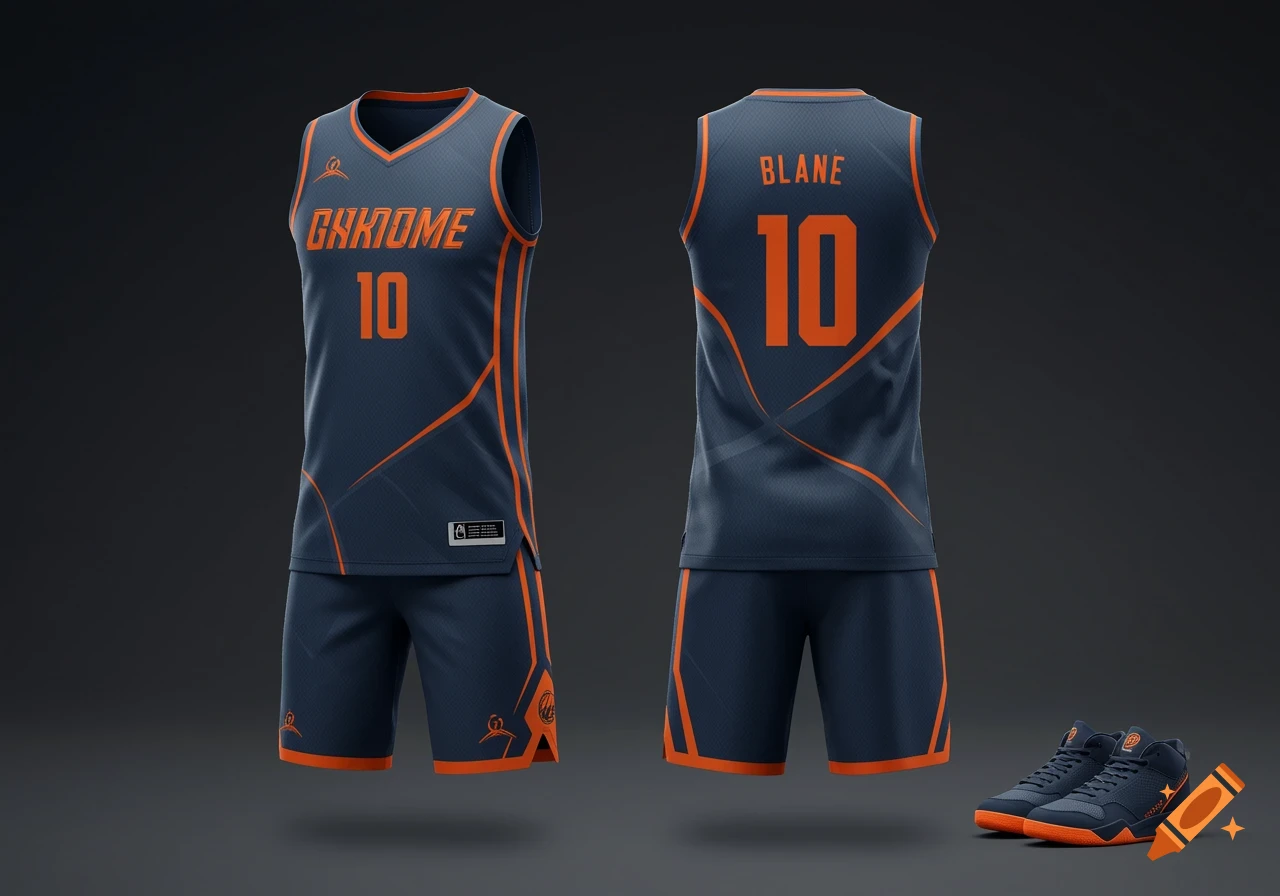 A dark blue and orange basketball jersey, shorts, and shoes displayed against a dark background, showing front and back views of the uniform.