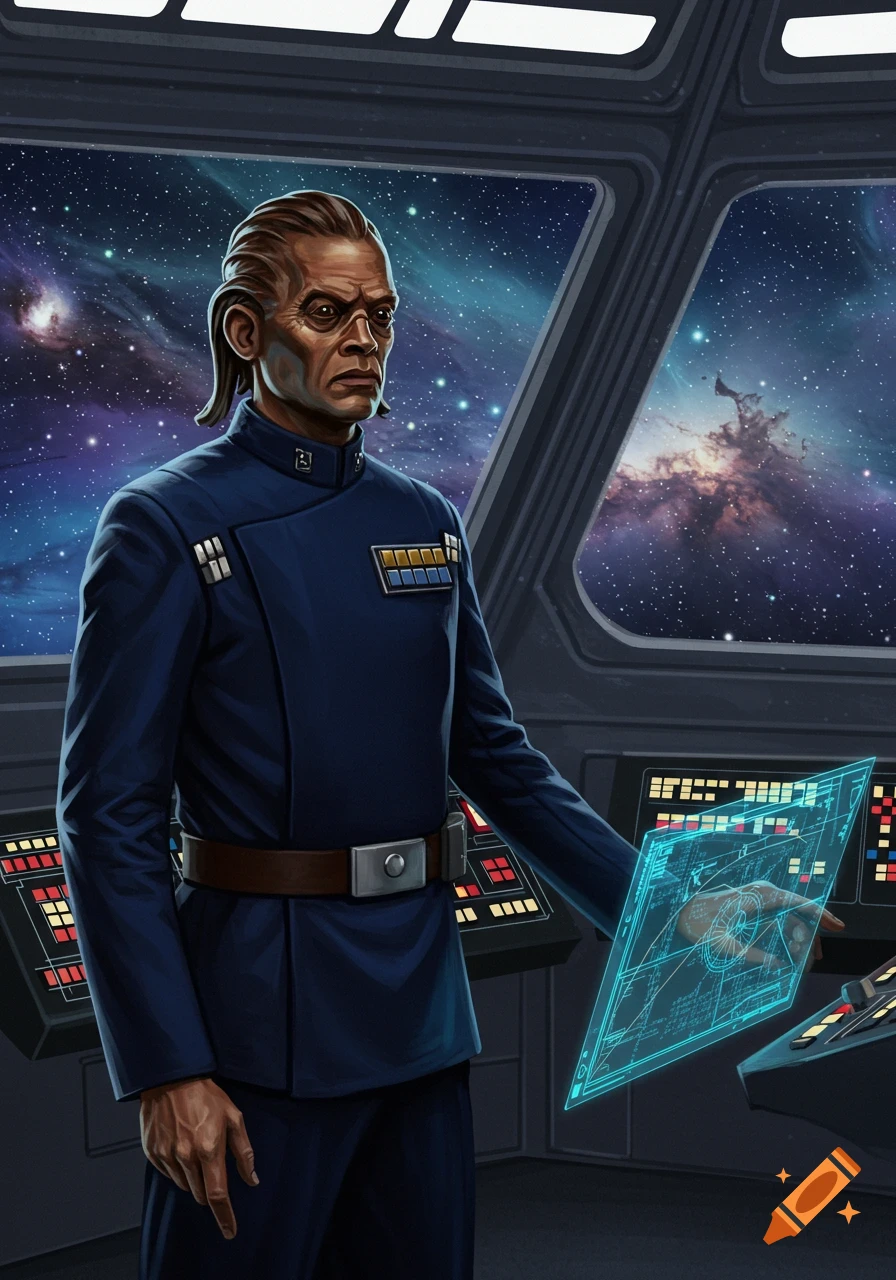 A male character in a blue military uniform stands on a spaceship bridge, holding a holographic screen, looking out at a nebula in space. Digital painting.