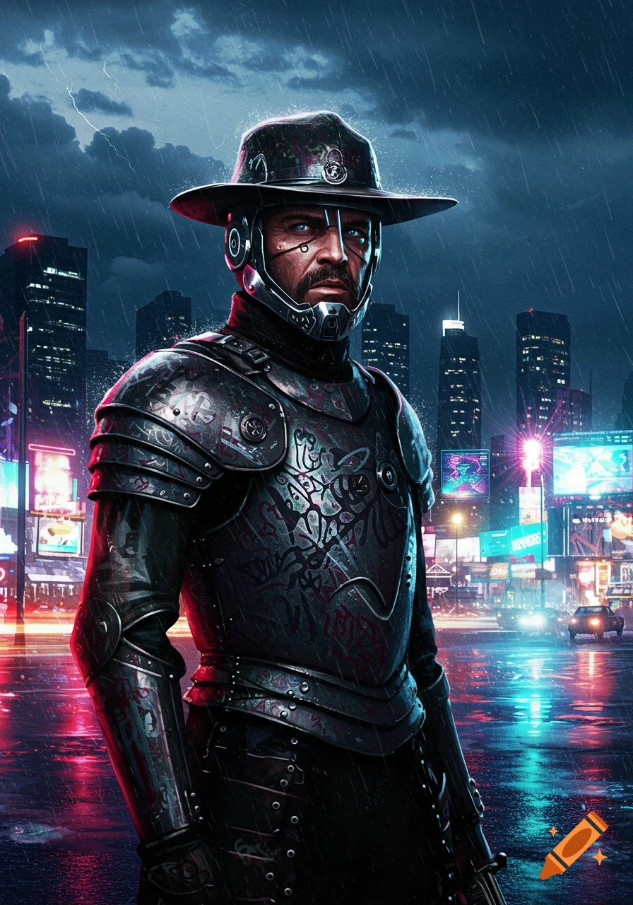A man in dark futuristic armor and a hat stands in a rainy cyberpunk city at night, with glowing neon signs.