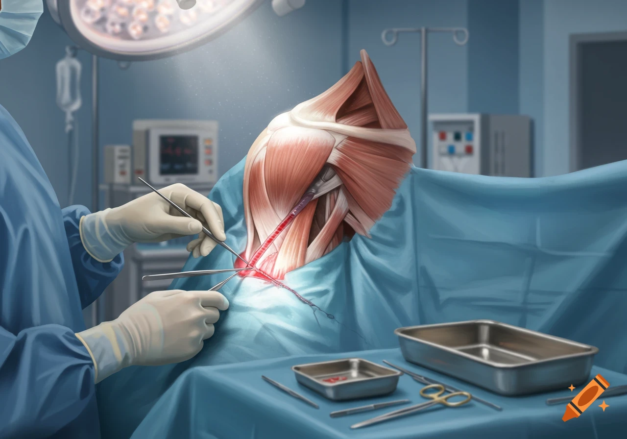 Close-up illustration of a shoulder surgery with exposed muscles and vessels, showing a surgeon's gloved hands and surgical instruments.