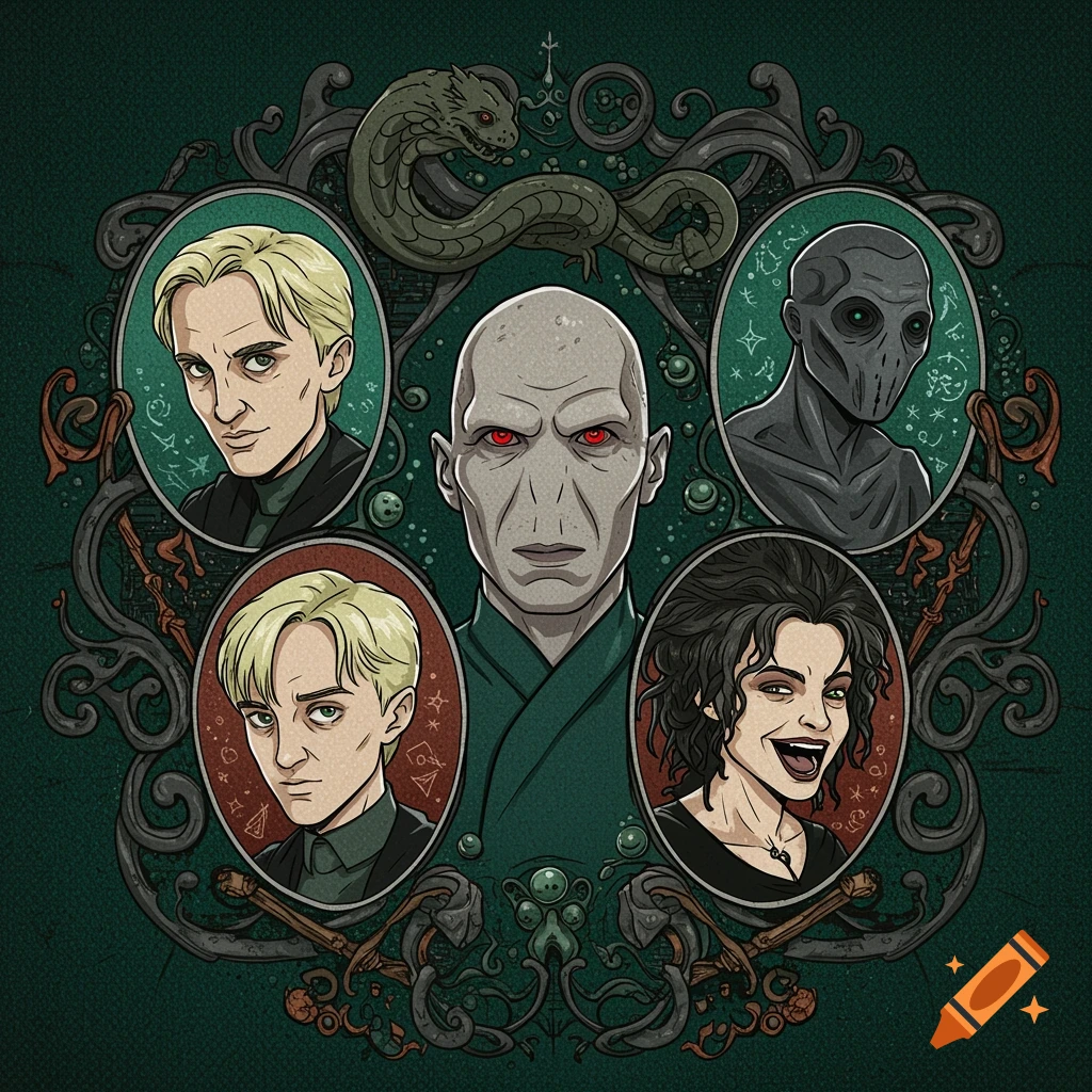 A stylized illustration on a dark green background, featuring Lord Voldemort at the center with four oval portraits: two of Draco Malfoy, Bellatrix Lestrange, and a Dementor-like figure. A snake is at the top, and various symbols surround the portraits, resembling a textile badge.