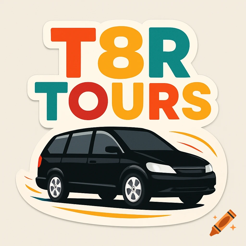 A sticker design featuring the text 'T8R TOURS' in colorful letters above a black minivan with speed lines, on a light background.