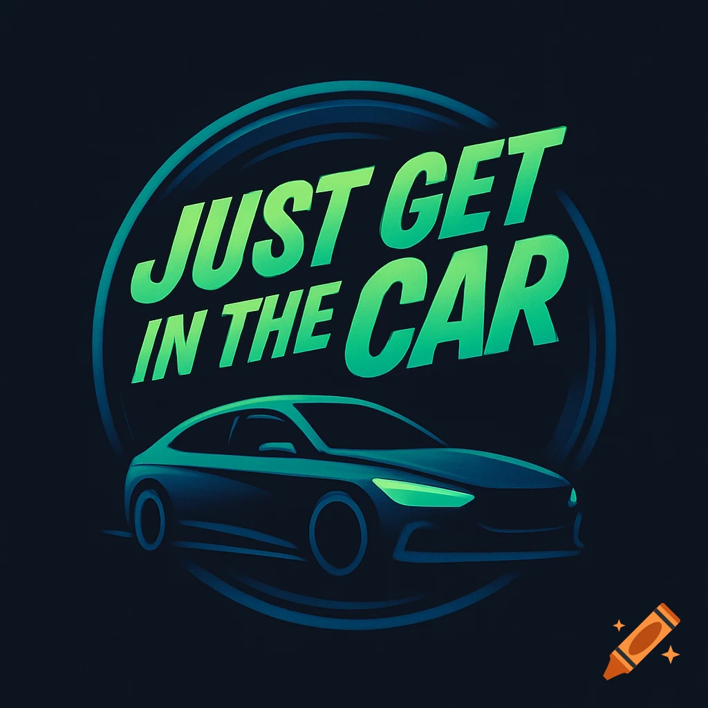 A green and blue logo with the text 'JUST GET IN THE CAR' above a stylized car.