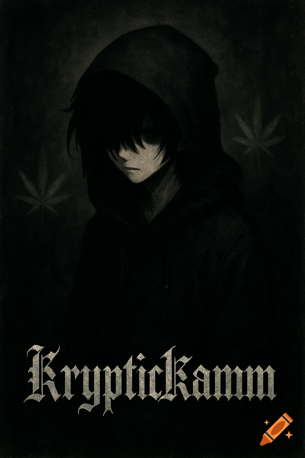 A dark, emo-style anime character in a black hoodie with faint marijuana leaves in the background and 'KrypticKamm' text.