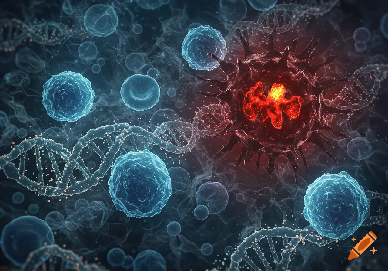 Microscopic view of a large red spiky virus cell surrounded by blue cells and DNA strands.