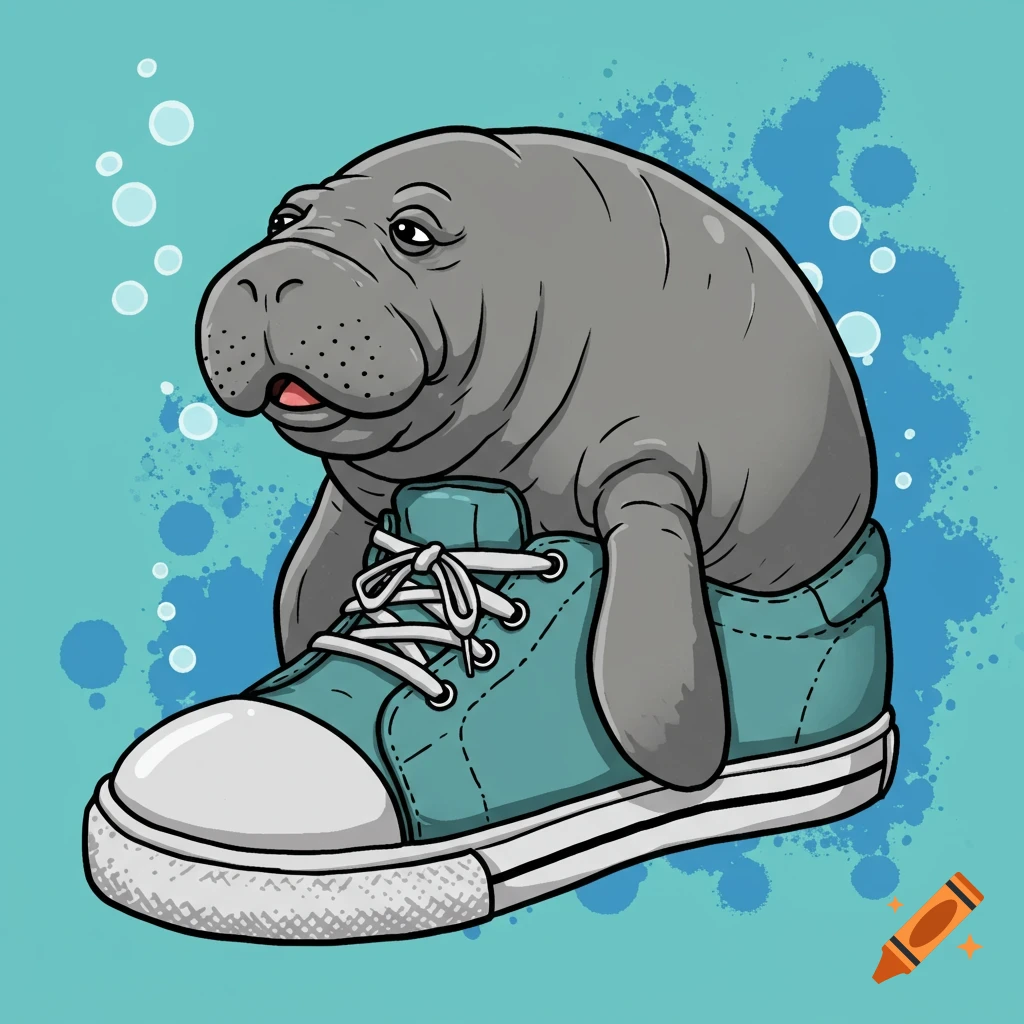 A cartoon manatee sits inside a large teal sneaker, against a light blue background with bubbles and blue splatters.