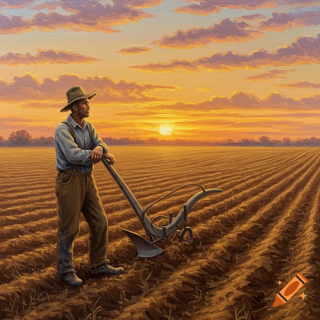 An oil painting of a 19th-century farmer resting against his plow in a field at sunset.