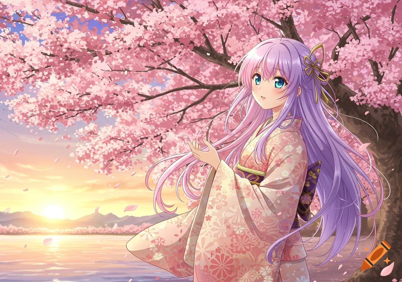 An anime girl with long purple hair and blue eyes, wearing a pink floral kimono, stands under a cherry blossom tree at sunset by a body of water.