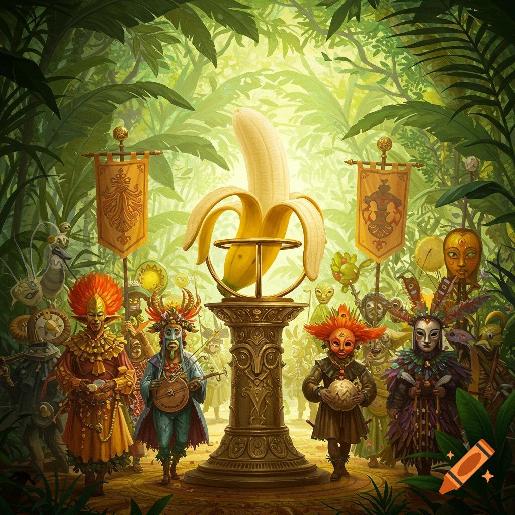 Whimsical illustration of masked figures in a vibrant jungle ceremony, gathered around a large, peeled banana on a pedestal.