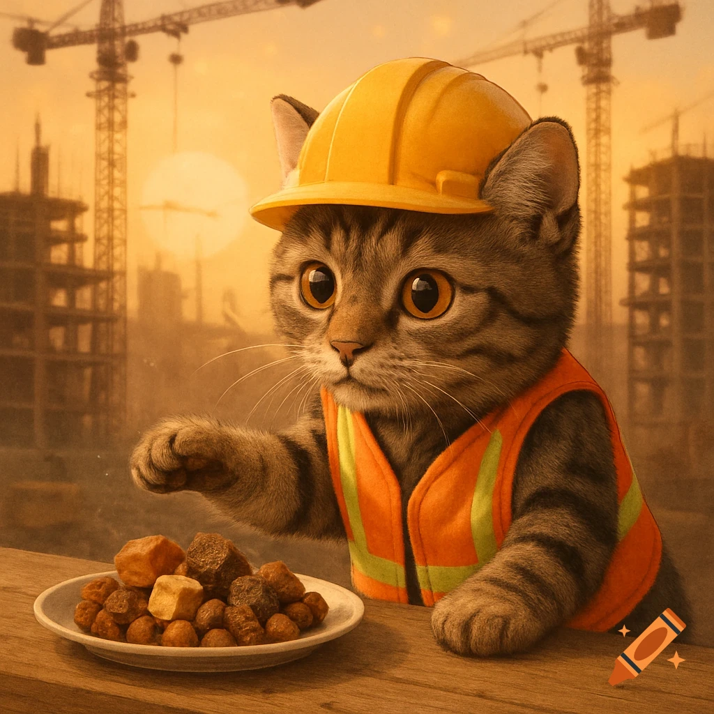 A cute cat wearing a yellow hard hat and orange safety vest looks at a plate of food, with a construction site in the background.