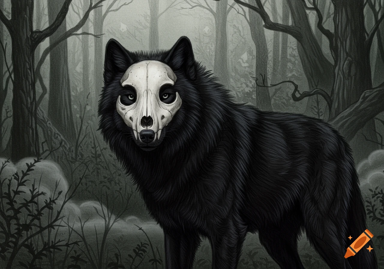 A black wolf wearing a skull mask stands in a dark, misty forest, rendered in a drawing style.