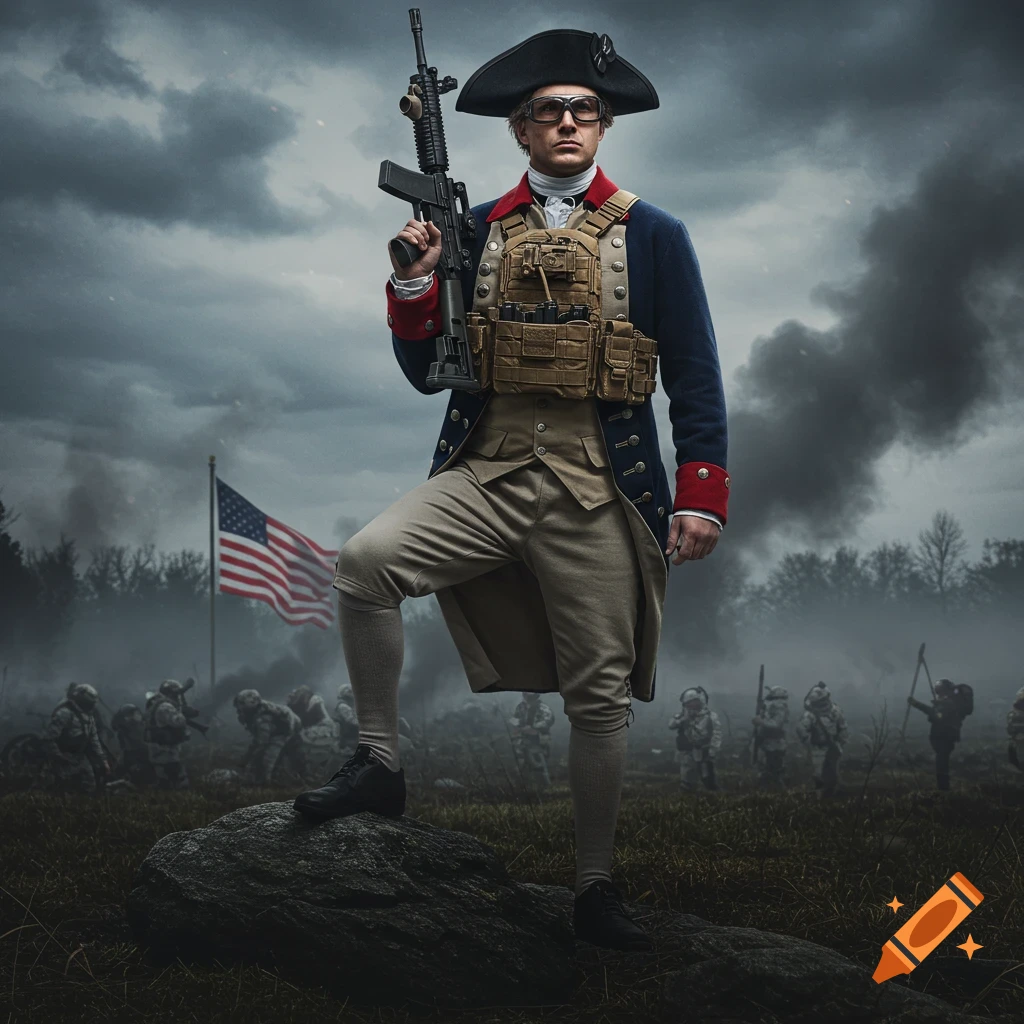 A photorealistic Revolutionary War soldier in a classic uniform with modern tactical gear stands on a rock on a smoky battlefield with an American flag.