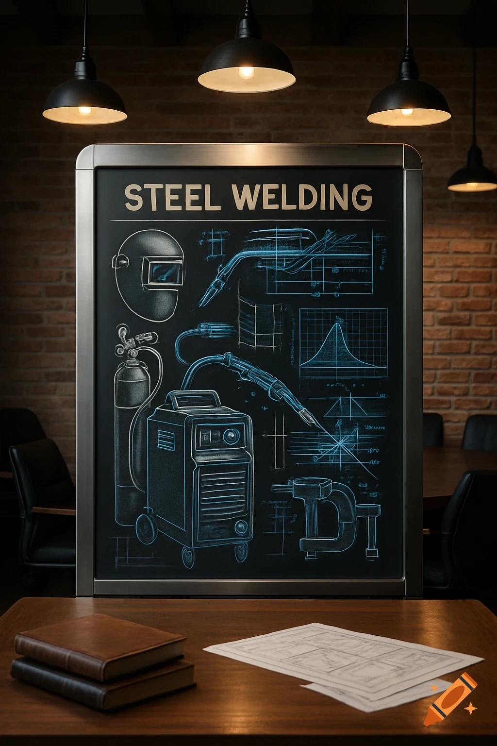 A meeting board displaying 'STEEL WELDING' with blueprint-style diagrams of welding equipment in a dimly lit room.